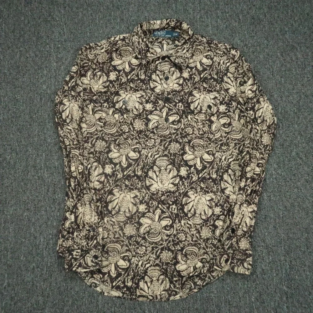 Polo‎ Ralph Lauren Shirt Mens Medium Brown Floral Fish Long Sleeve Popover VTG